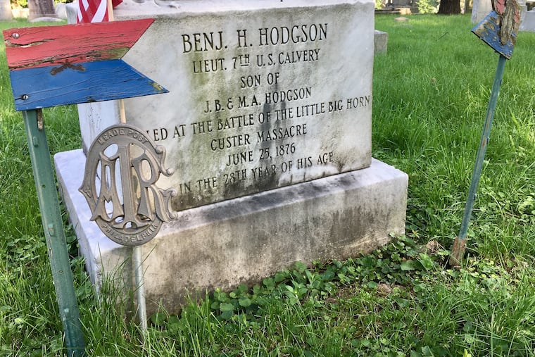 This is the Laurel Hill Cemetery grave of Second Lieutenant Benjamin Hodgson, who was killed with Custer at the Battle of the Little Bighorn. After the fight, his remains were temporarily buried on the battlefield, then returned to his hometown of Philadelphia.
