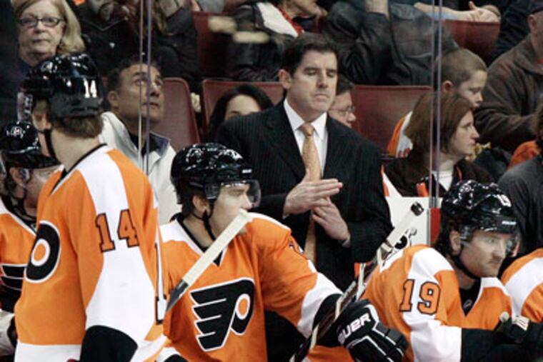 Peter Laviolette will not split up Claude Giroux, Jaromir Jagr and Scott Hartnell just yet. (Elizabeth Robertson/Staff Photographer)