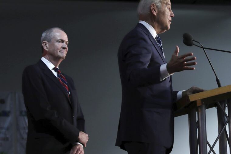New Jersey Democratic gubernatorial candidate Phil Murphy (left) listens as former Vice President Joe Biden campaigns for him in Lyndhurst, N.J. A former executive at Goldman Sachs and Barack Obama’s ambassador to Germany, Murphy is the front runner in the Democrats’ June 6 primary.