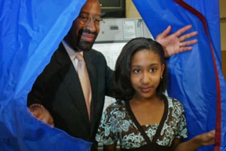 Michael Nutter emerges from voting booth with daughter Olivia, at John Anderson Center on Overbrook Ave.
