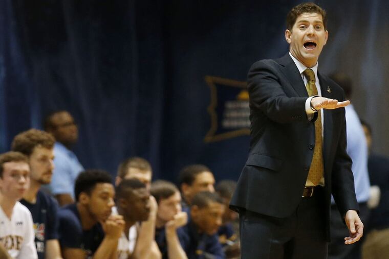 Drexel coach Zach Spiker yells to his team against James Madison during the first-half on Thursday, February 23, 2017 at Drexel.