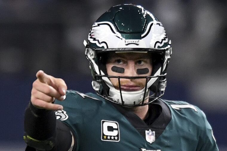 Vegas Vic isn’t doubting Carson Wentz’s ability to win, but covering a two-TD spread against the Bears is another matter. CLEM MURRAY / Staff Photographer