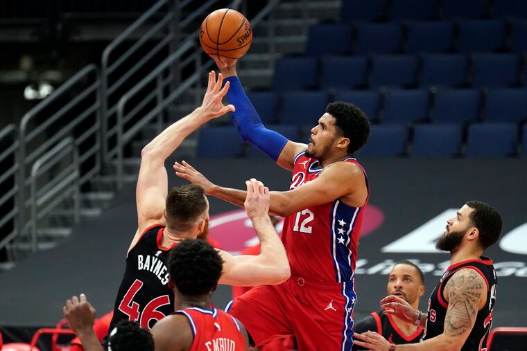 Tobias Harris shoots over Toronto Raptors center Aron Baynes during the second half.