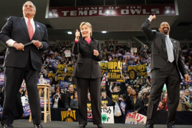 Gov. Rendell joins Hillary Rodham Clinton on stage at a rally at Temple's McGonigle Hall attended by about 3,000. Earlier in the day, she addressed a crowd of about 2,000 in Harrisburg.
