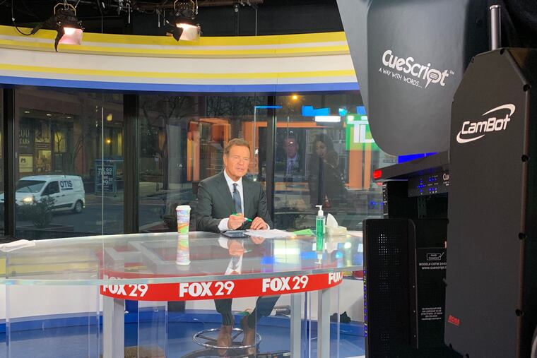 "Good Day Philadelphia" coanchor Mike Jerrick, alone at the desk in March so he and coanchor Alex Holley could maintain social distance.