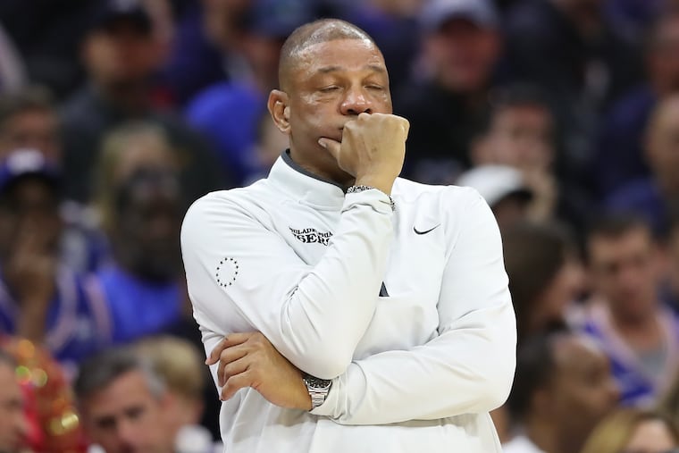 Sixers head coach Doc Rivers closes his eyes against the Boston Celtics in the fourth quarter during Game 3 of the Eastern Conference semifinal playoffs on Friday, May 5, 2023 in Philadelphia.