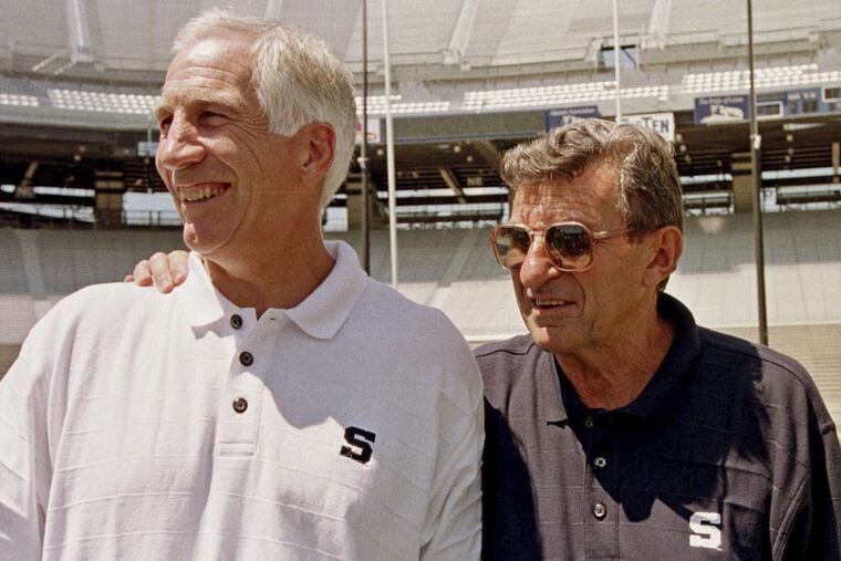The family of the late Joe Paterno (right) has dropped its lawsuit against the NCAA over a report in the wake of the Jerry Sandusky (left) sex-abuse scandal.