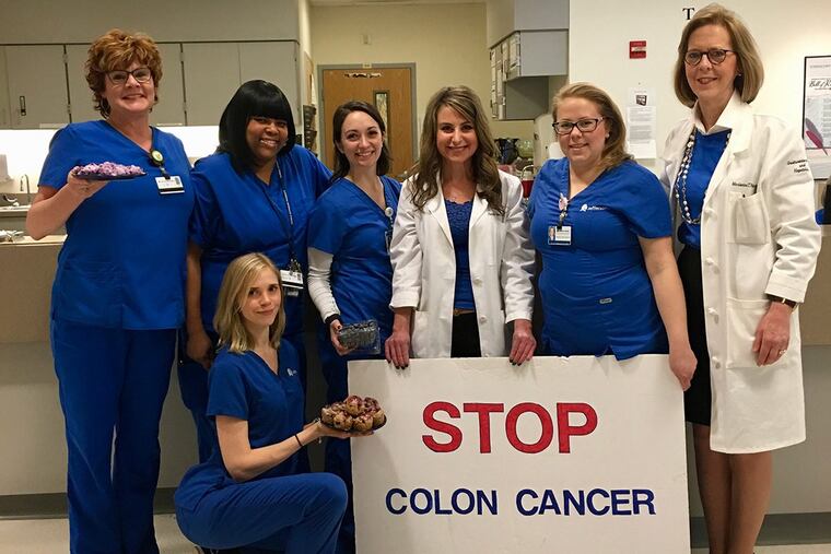 Emily Rubin, center, and Marianne Ritchie, far right, with Jefferson nurses.