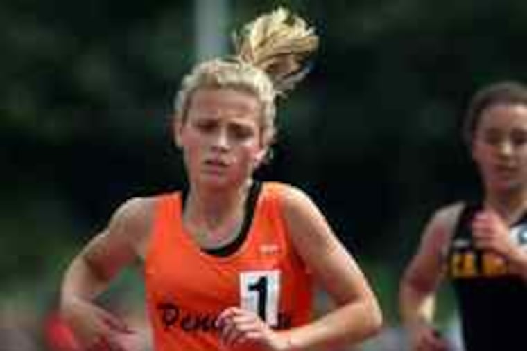 Pennsbury's Sara Sargent , left, crosses the finish line in the 3,200-meter final with a meet record of 10 minutes, 33.8 seconds at the District 1 championships. That eclipsed the mark set by Norristown's Donna Fidler in 1995. On Friday, Sargent broke the 1,600-meter record set by Kim Gallagher, a future Olympian, in 1981. Above, Pennridge's Tim Eversole takes the last hurdle in the boys' 110-meter preliminaries.