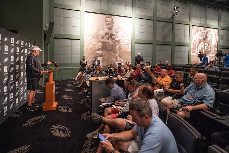 Eagles coach Doug Pederson talks to the media in September. An NFL Films crew will follow the Birds throughout the season for a show to be aired in the spring on Amazon Prime.