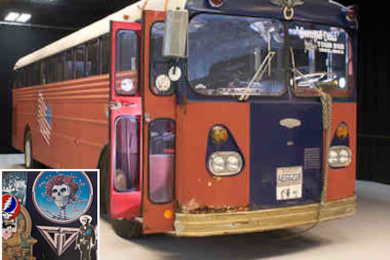 Sugar Magnolia, a bus linked to the Grateful Dead, is now owned by Cherry Hill businessman Michael DeSimone. Inset, memorabilia from inside the bus. (Ed Hille / Staff)