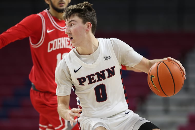 Clark Slajchert of Penn drives upcourt against Cornell during the 2nd half at The Palestra on Jan. 7, 2022.