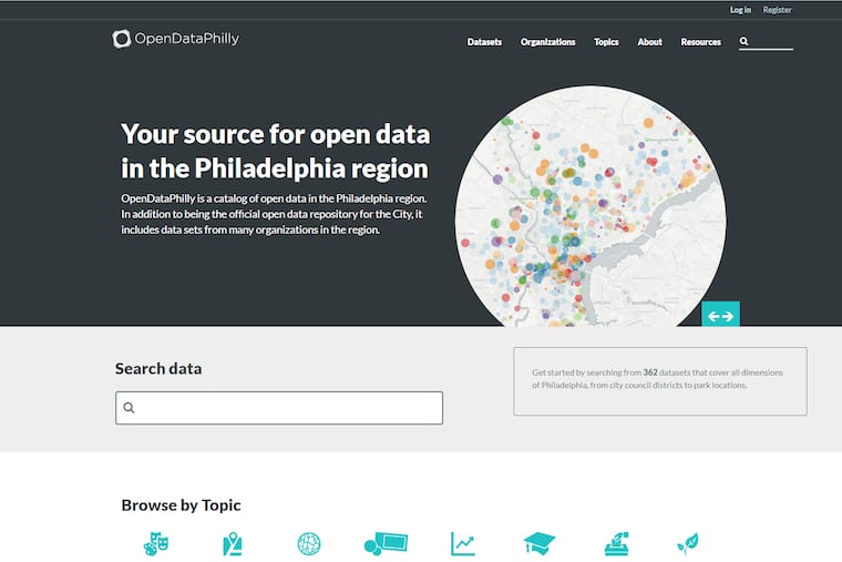Screenshot of Philadelphia's website of public datasets, called OpenDataPhilly.