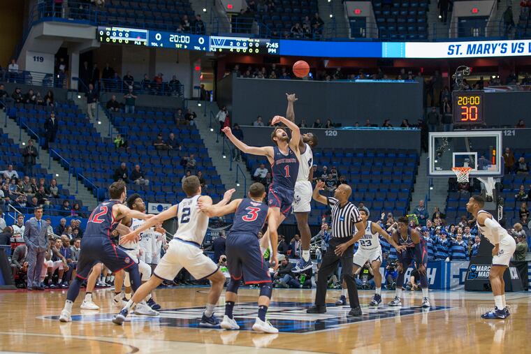 Because of the short turnaround between the afternoon and evening sessions, the game between Villanova and of St. Mary’s started in a very empty arena at the XL Center in Hartford, CT on March 21, 2019.