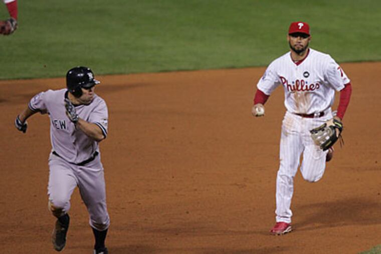 Brad Lidge struggled to hold runners, like the Yankees' Johnny Damon, on first base last season. (David Swanson/Staff file photo)