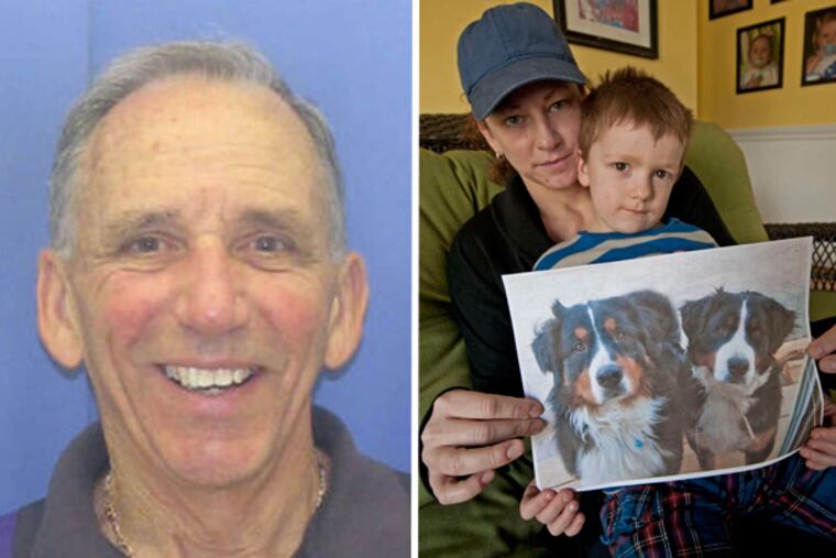 Gabe Pilotti, left, was found guilty Sept. 11, 2013 of two counts of animal cruelty in the deaths of dogs Argus and Fiona, seen here in a photo held by Mary Bock and her son Teague Bock, 5, at their Chester Springs home.
