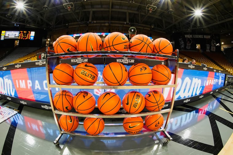 Basketballs before an NCAA game in 2024.
