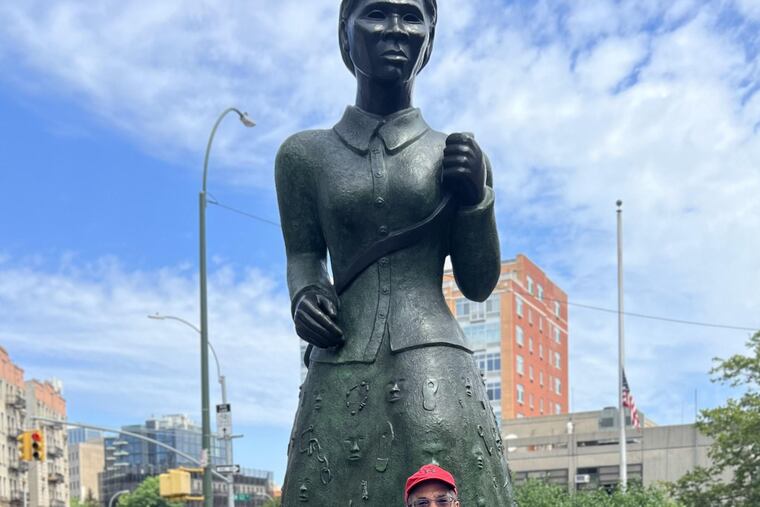 Ken Johnston, the Philadelphia "Walking Artist" arrived at the "Swing Low" Harriet Tubman Memorial statue in Harlem on Thursday, July 14, 2022. He is embarking on a new, 450-mile walk from Harlem to St. Catharines, Ontario in Canada today.