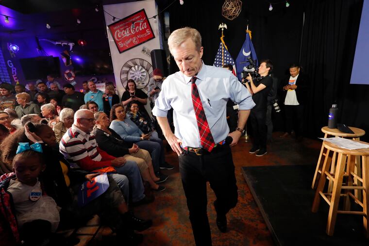 Democratic presidential candidate Tom Steyer speaks at a campaign event in Myrtle Beach, S.C., Wednesday, Feb. 26, 2020.