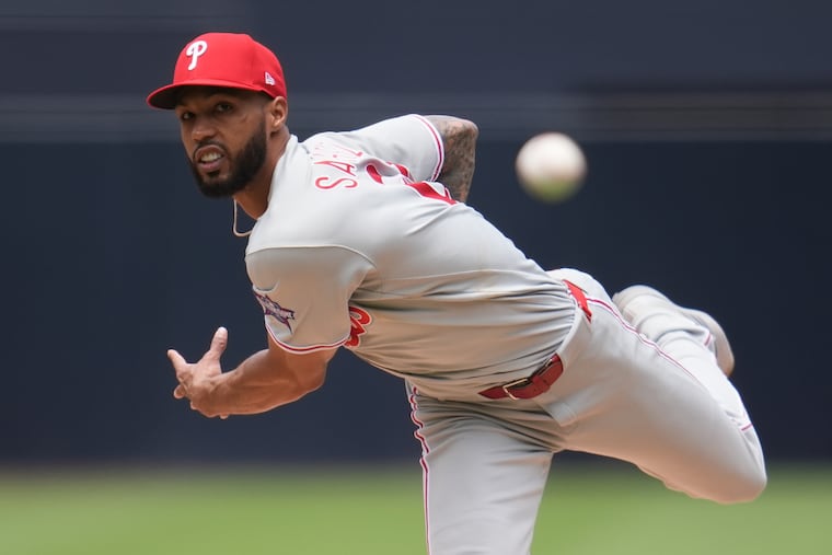 Philadelphia Phillies starting pitcher Cristopher Sánchez works against a San Diego Padres batter during the first inning of a baseball game Wednesday, May 27, 2026, in San Diego. (AP Photo/Gregory Bull)
