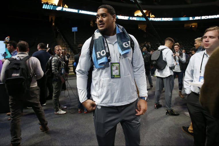 Halapoulivaati Vaitai at Super Bowl Media Night, at the Xcel Energy Center, in St. Paul, Minnesota, Monday.