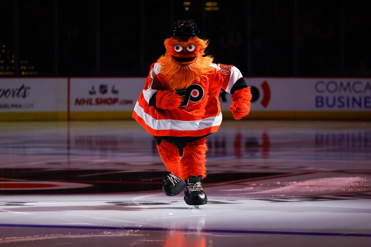 Gritty takes to the ice during pregame warmups before the Flyers played the Devils in December.