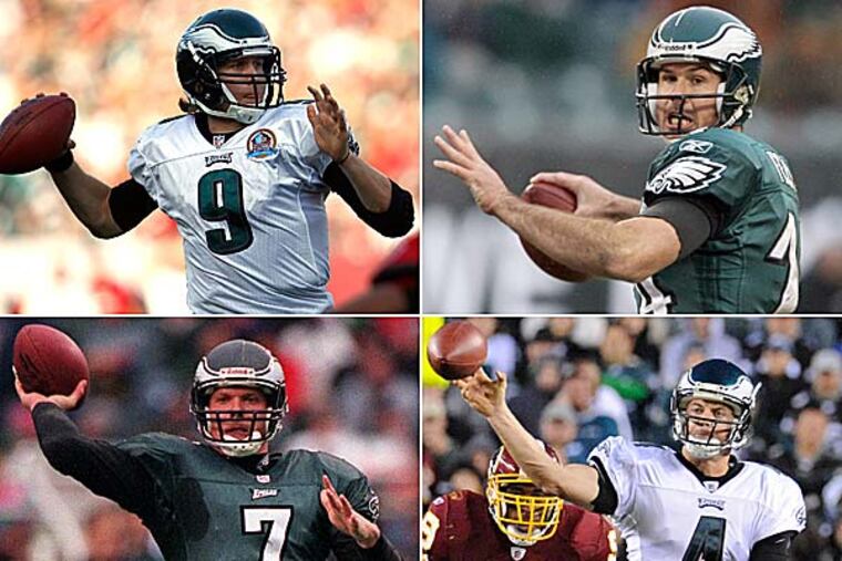 Nick Foles (clockwise from upper left), A.J. Feeley, Kevin Kolb and Bobby Hoying. (Staff photos)