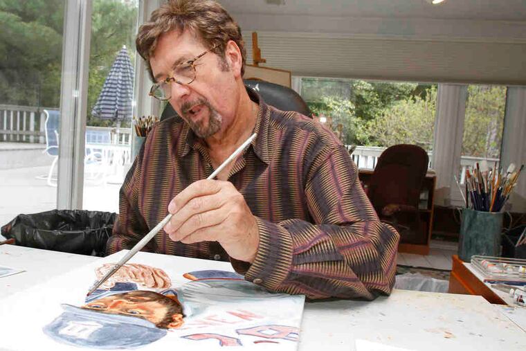 Sports artist Dick Perez works on a painting of pitcher Bert Blyleven. Perez's collection of portraits of baseball Hall of Famers, "The Immortals," is selling for $199.