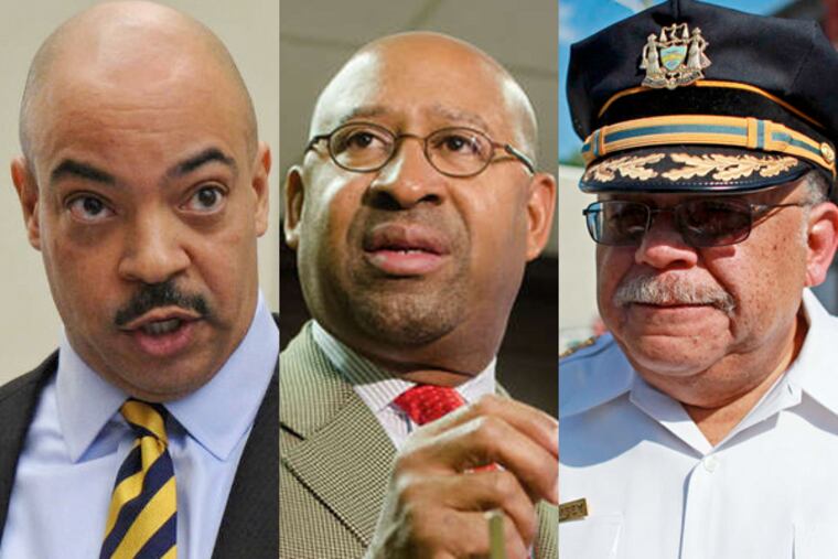 (From left to right) Philadelphia District Attorney Seth Williams, Mayor Michael Nutter and Police Commissioner Charles H. Ramsey are being sued by five acquitted narcotics officers who claim they were unfairly maligned by accusation that lef to their firings and arrests.