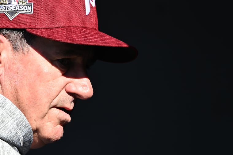 Phillies manager Rob Thomson looks on during a workout on Tuesday at Dodger Stadium.
