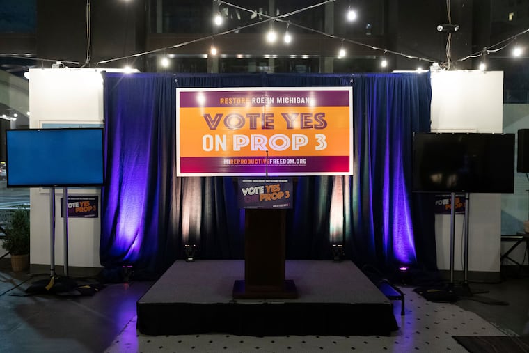Decorations stand on display at a watch party for Michigan Proposal 3 at the David Whitney Building in Detroit on Tuesday.
