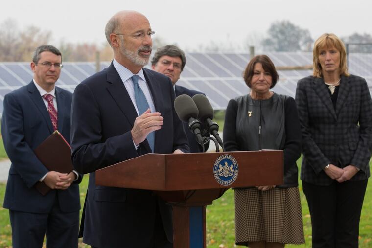 Gov. Wolf, at a solar installation in Elizabethtown, Pa., announces a new effort Monday to boost solar energy in Pennsylvania.