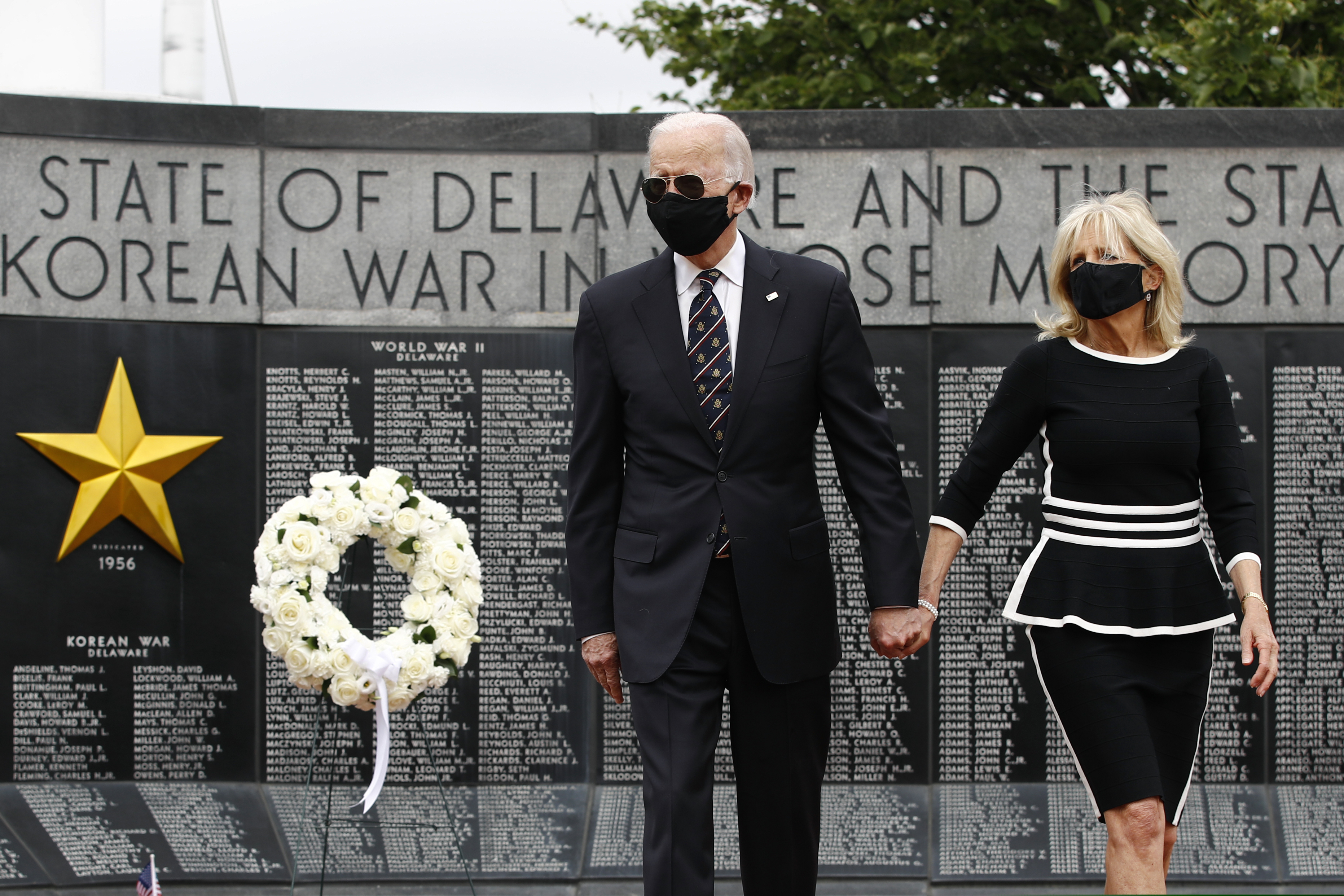 Democratic presidential candidate, former Vice President Joe Biden and Jill Biden depart after placing a wreath at the Delaware Memorial Bridge Veterans Memorial Park in New Castle, Del.