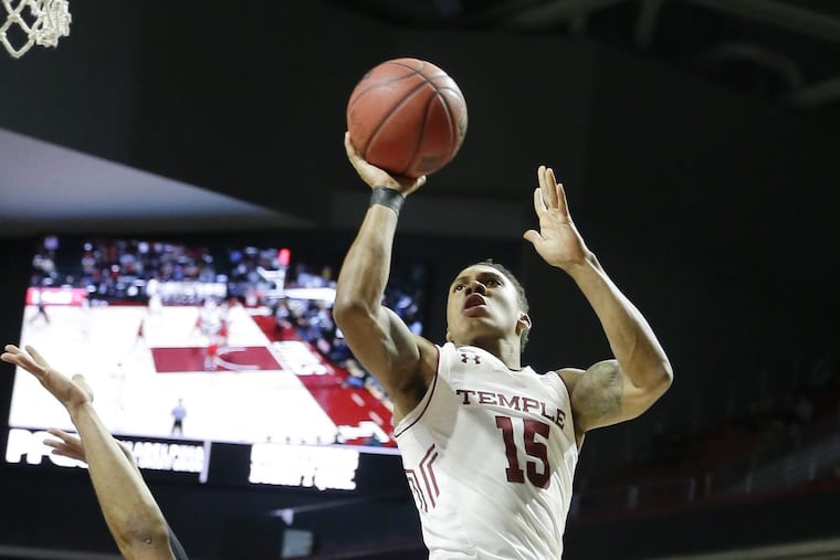 Temple's # 15 Nate Pierre-Louis shoots after being fouled in the 2nd half of the Houston at Temple University mens basketball game at Temple's Liacouras Center in Phila., Pa. on February 18, 2018. Louis made the shot and then the extra shot for 3 but Temple lost 59-80.