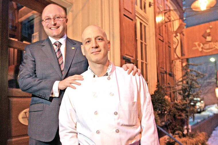 Jeff Benjamin(left) with Marc Vetri, on the front steps of Vetri Restaurant on Spruce Street near 13th, in Center City. (MICHAEL BRYANT / STAFF PHOTOGRAPHER)