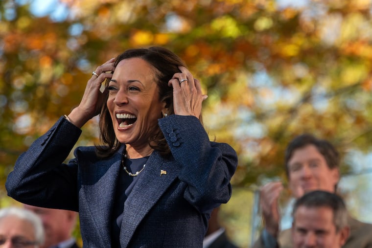 Vice President Kamala Harris arrives onstage at a Republicans for Harris event in Washington Crossing Wednesday. Oct. 16, 2024