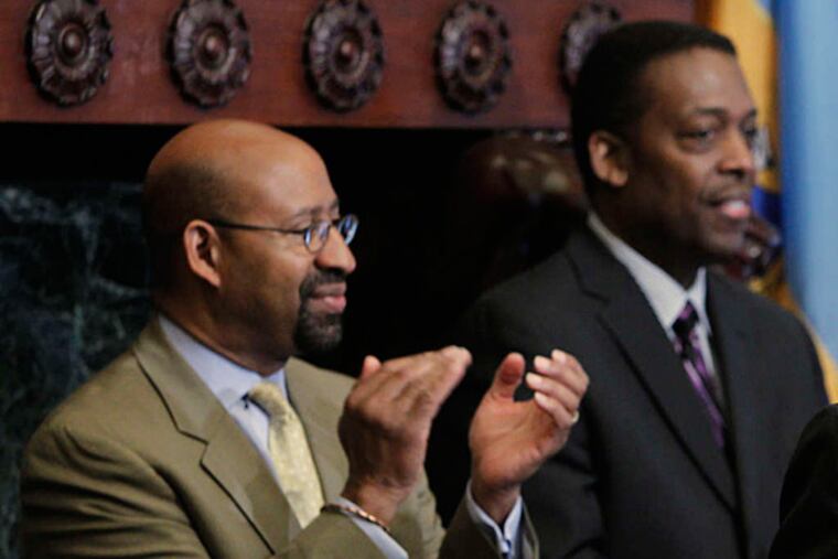 File photo: Despite differences, Mayor Nutter (left) and Council President Darrell Clarke are on the same page in many school-funding areas. (ALEJANDRO A. ALVAREZ / STAFF PHOTOGRAPHER)