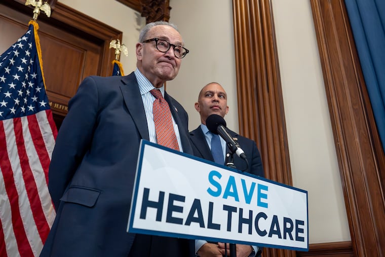 As Congress faces a year-end deadline on Affordable Care Act subsidies, Senate Minority Leader Chuck Schumer (left) and House Minority Leader Hakeem Jeffries meet with reporters about healthcare affordability, at the Capitol in Washington in December.