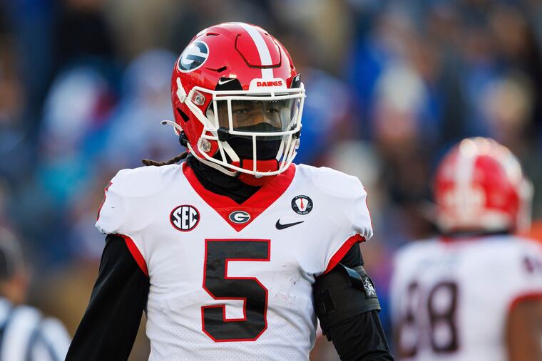 Georgia defensive back Kelee Ringo (5) looks on during an NCAA college football game against Kentucky in Lexington, Ky., Saturday, Nov. 19, 2022.