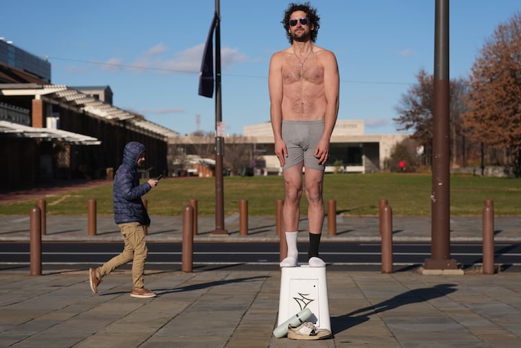 An artist named Ham, the architect of this cold weather performance piece, in Philadelphia, December 11, 2025.