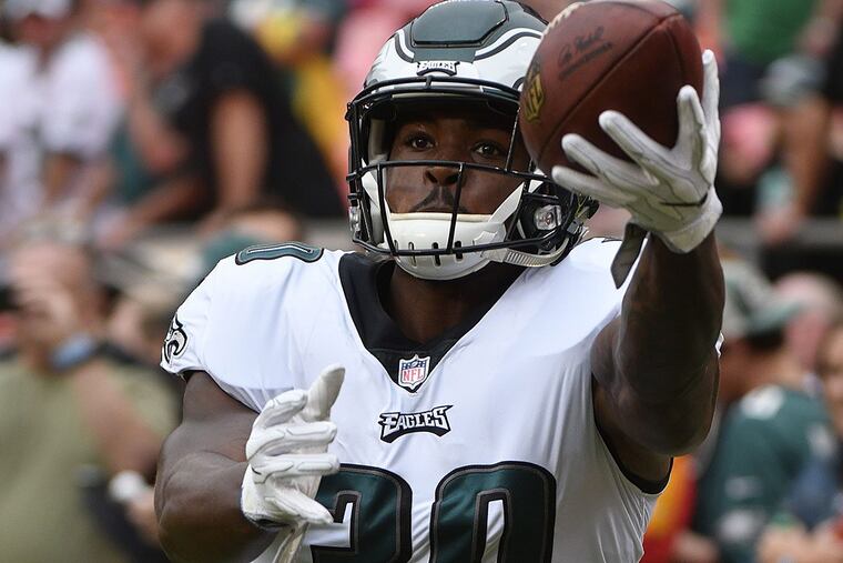 Philadelphia Eagles running back Corey Clement (30) makes a catch during warmups before an NFL football game in Kansas City, Mo., Sunday, Sept. 17, 2017.