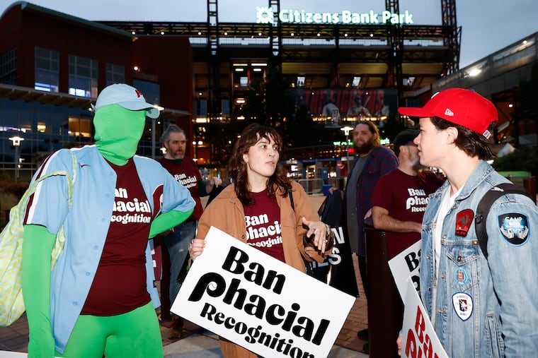 Privacy advocates protested the Phillies' use of facial recognition technology company Go Ahead Entry for ballpark entry on outside Citizens Bank Park on Thursday.