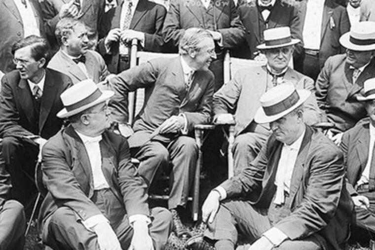 Woodrow Wilson (center), soon to be elected the 28th U.S. president, sits outside the J. Thompson Baker House with Champ Clark, speaker of the House, in 1912 during a Wildwood campaign stop. (David and Theresa Williams Collection)