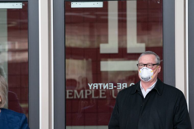 Mayor Jim Kenney stands outside Temple University's Liacouras Center on April 10.