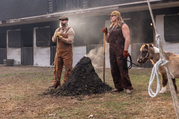 Jason Kelce (left), Beau Allen, and Doug the miniature horse filmed the new Garage Beer Super Bowl commercial in Conshohocken.