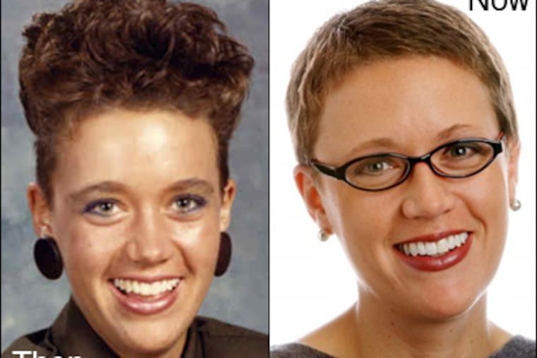 Columnist Monica Yant Kinney with an aerodynamic do in her graduation from a Fort Wayne, Ind. high school 20-years-ago, left. And sporting a more streamlined look for the newspaper (right).