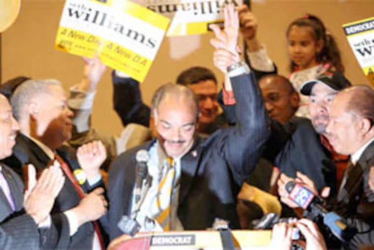 R. Seth Williams, Democratic candidate for Philadelphia district attorney, with supporters in West Philadelphiaa after winning the nomination. (Yong Kim / Staff Photographer)