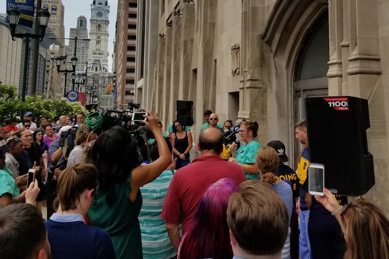 The Pennsylvania Association of Staff Nurses and Allied Professionals gathered outside Hahnemann Hospital on Tuesday to protest the planned closure of the institution.
