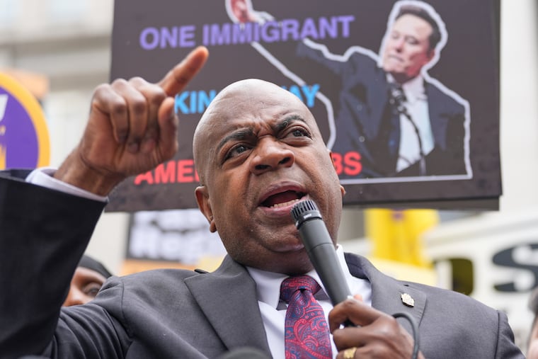 Newark Mayor Ras Baraka speaks to supporters and media after a court appearance in Newark, N.J., on Thursday, May 15, 2025.
