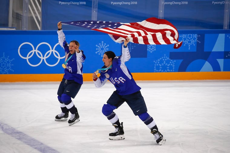 Kendall Coyne Schofield (left) and Hilary Knight (right) are among the stars of the 2018 Olympic gold medal-winning U.S. women's hockey team who will play at the Flyers Skate Zone in Voorhees.